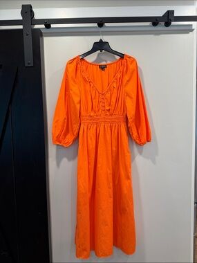 Bright Orange Midi Dress with Elastic Waist